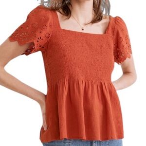 NWT MADEWELL Lucie Eyelet Button Back Smocked Peplum Top Size Small